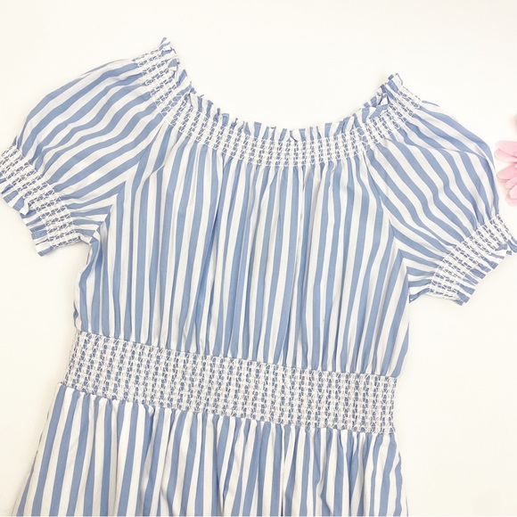J. Crew Smocked Puff Sleeve Cotton Poplin Dress: Blue White Stripe Nautical - Picture 5 of 14